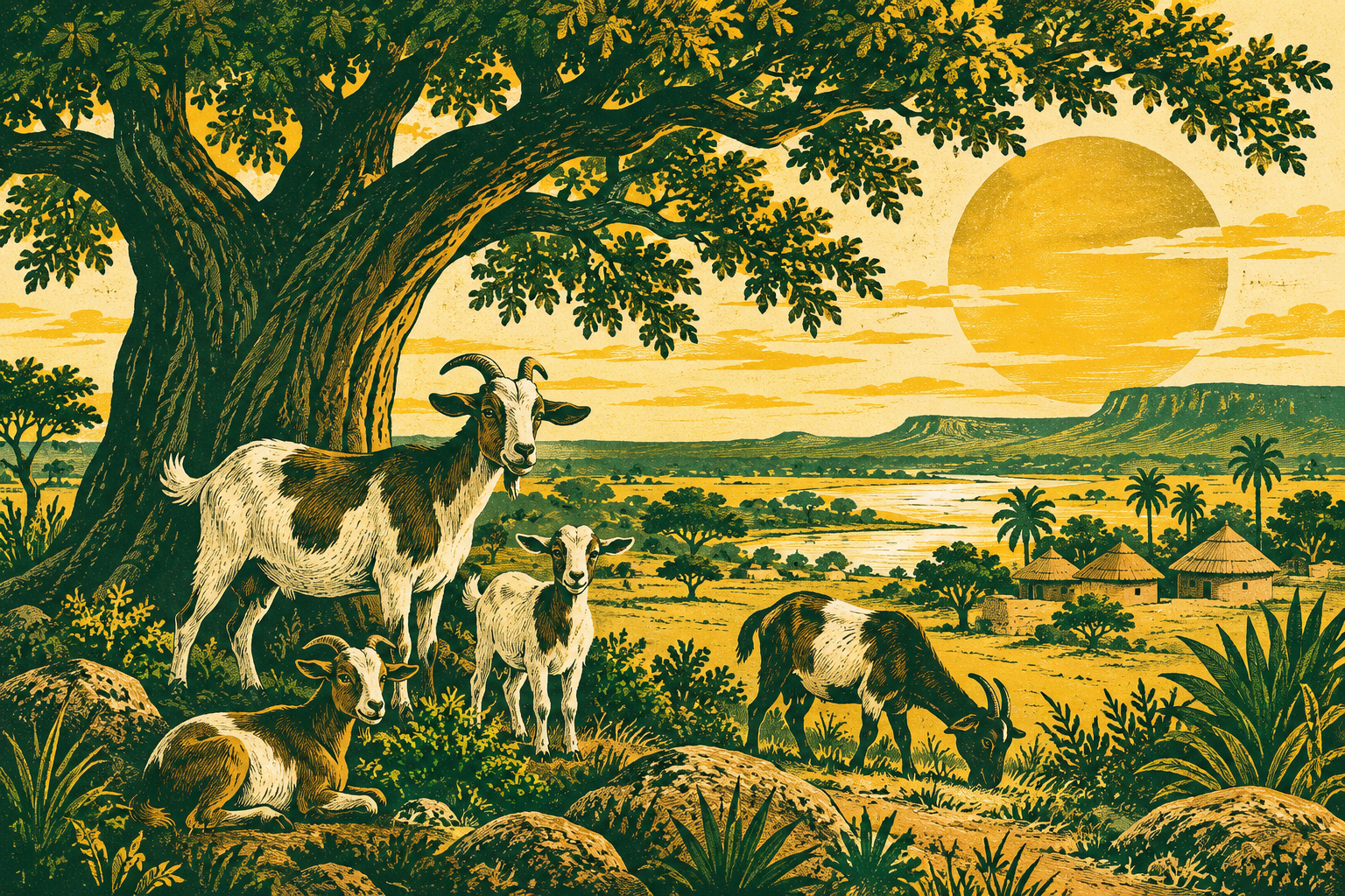 Illustratie van geiten onder een boom in een zonnig landschap